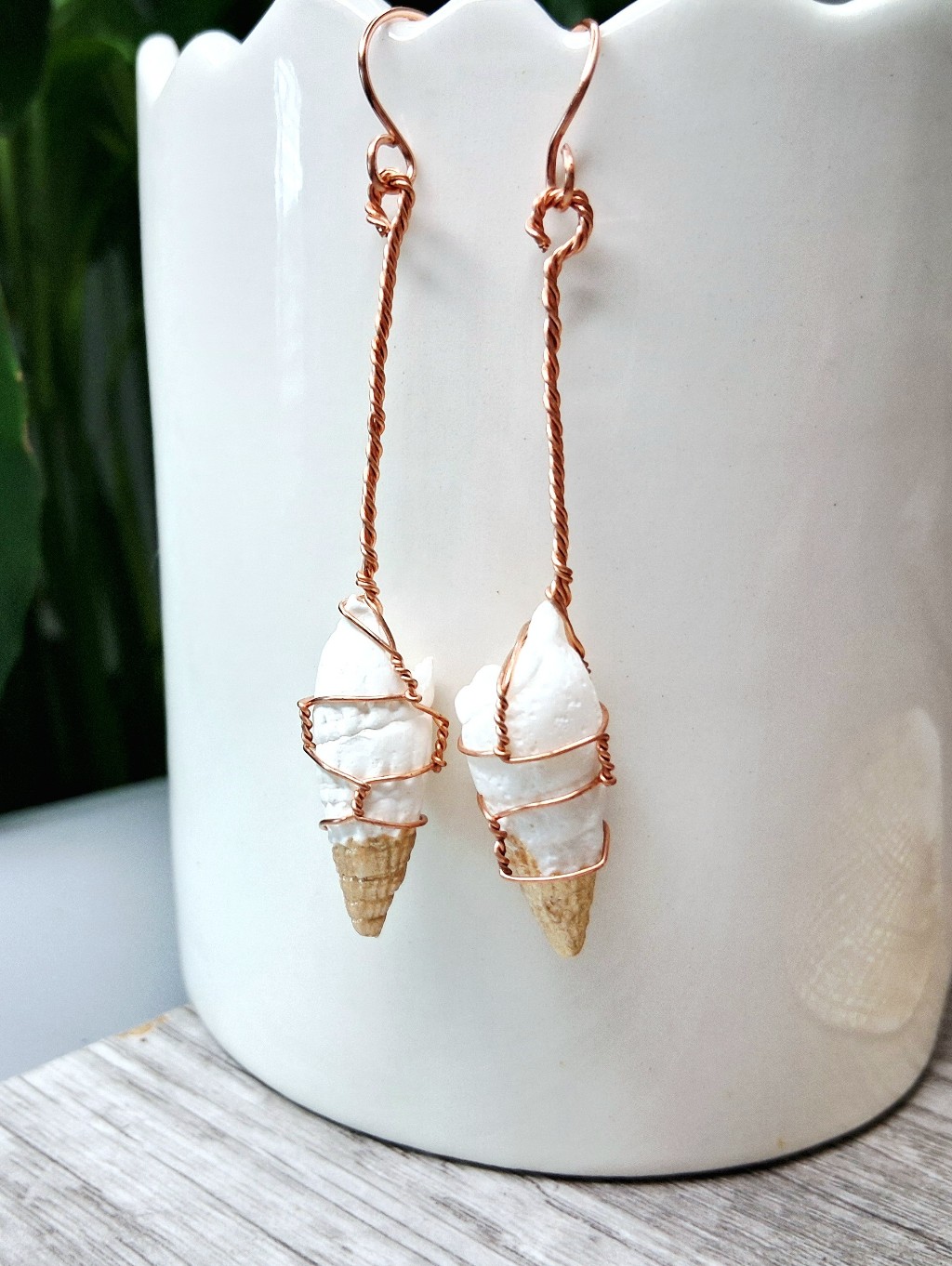 Copper Wire White Shell Cone Dangle Earrings